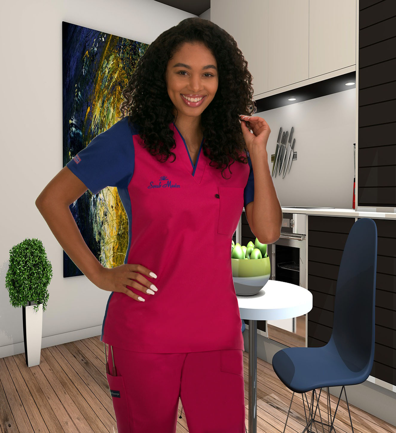scrub uniform picture showing a a nurse wearing our breakthrough patented scrubs. The scrubmaster or scrub master is the place to go when searching online for men and women doctors clothing and designs. We are not the Scrum Master and we sell and deliver medical uniforms to hospitals and clinics all around the united states